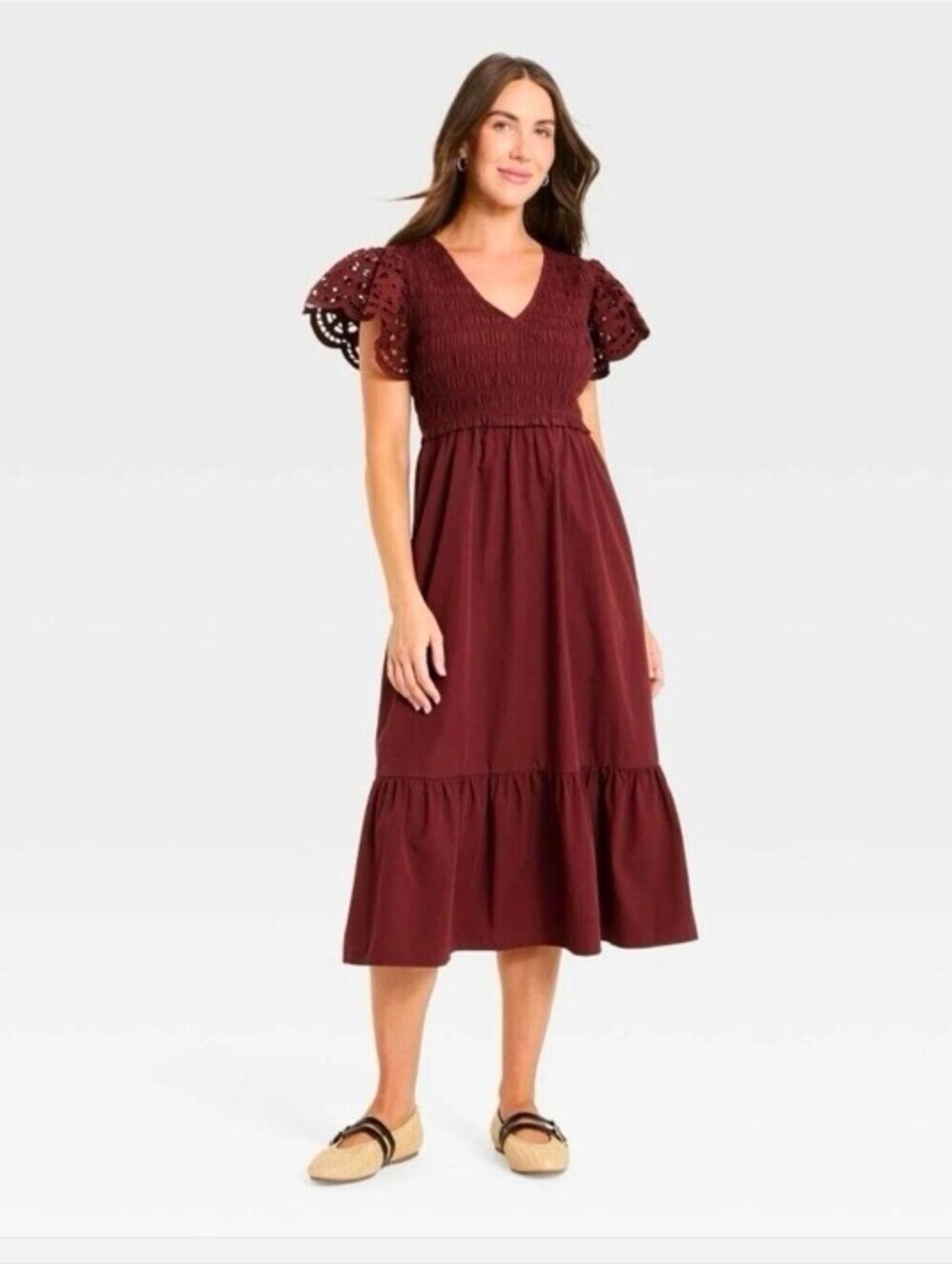 Universal Thread Women's Flutter Short Sleeve Smocked Midi A-Line Dress, Size S